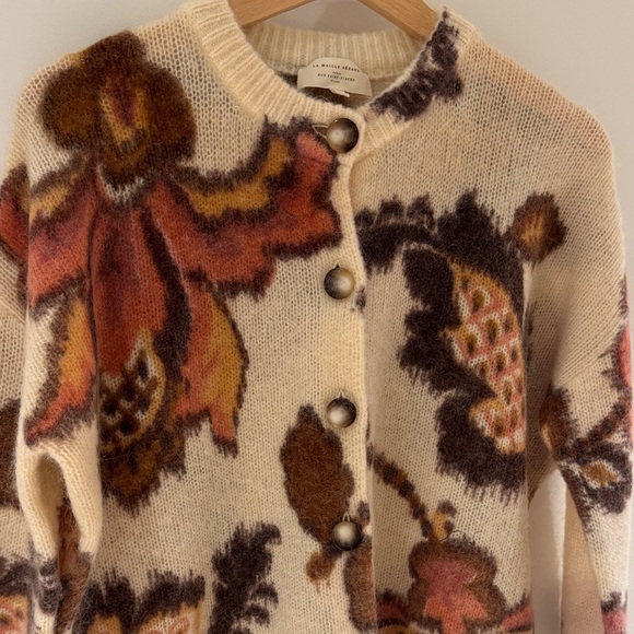 Sézane Cream Cardigan with Rust, Brown and Pink Floral Motif - Picture 3 of 4